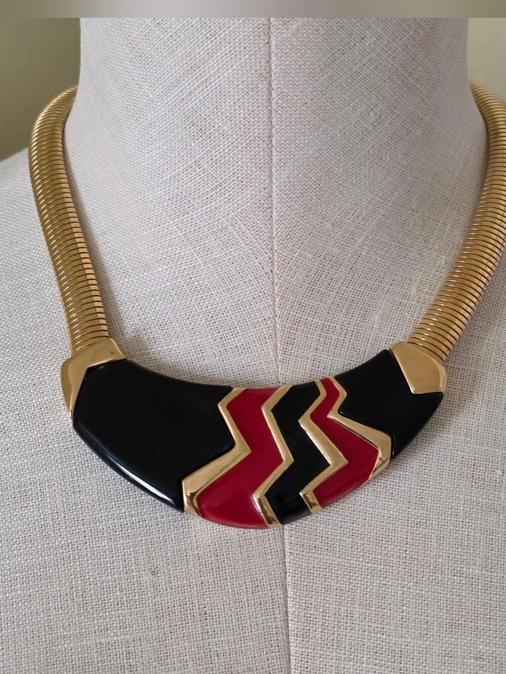 Vintage Napier Collar Necklace Gold Black & Red Enamel  Modernist Deco Choker